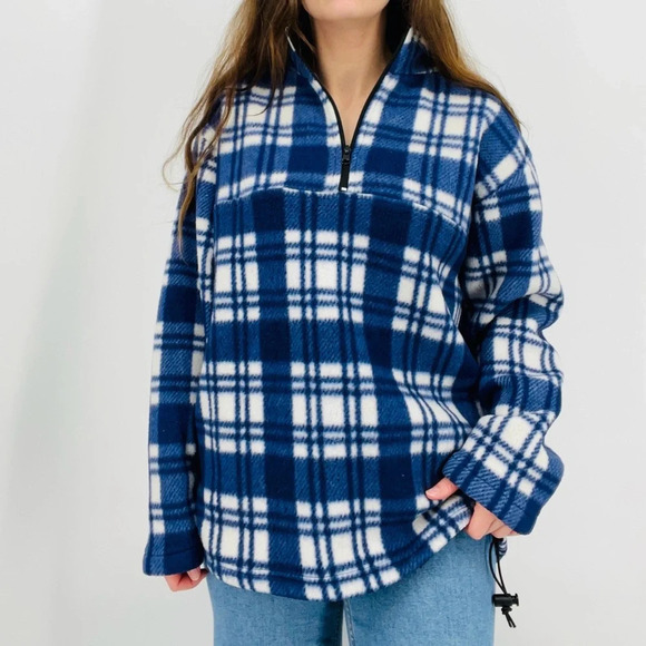 vintage granola girl blue plaid campfire pullover quarter zip fleece sweatshirt - Picture 1 of 7